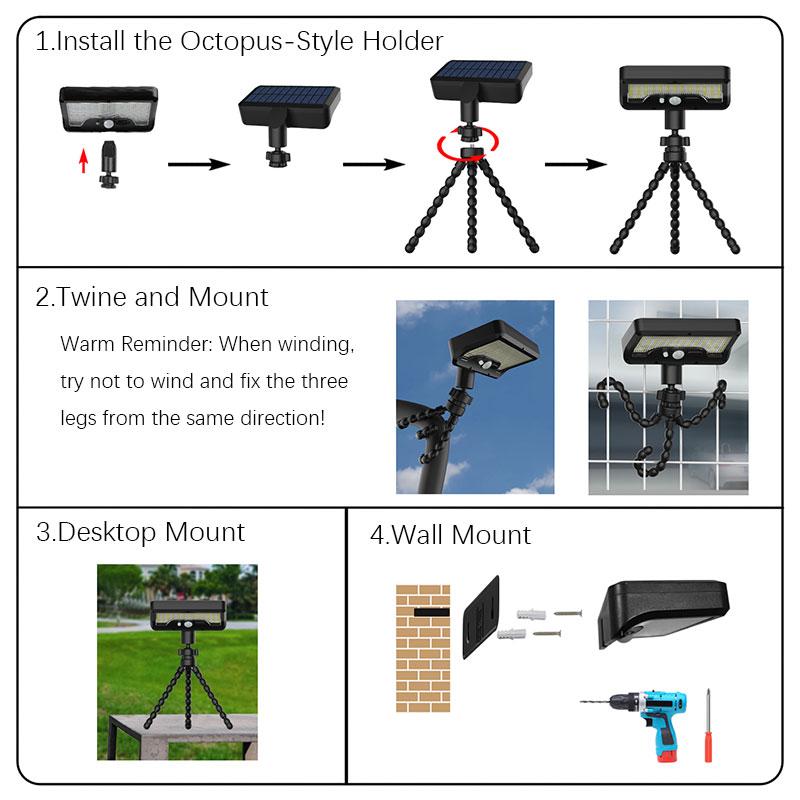 Solar sensor light, adjustable 360° head, yard/outdoor light, 1200 mAh battery, solar octopus light