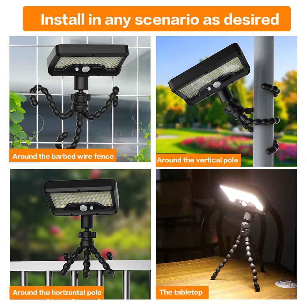 92 LED solar motion sensor light, waterproof solar floodlight for outdoor use, flexible octopus tripod, security clip-on fence lamp
