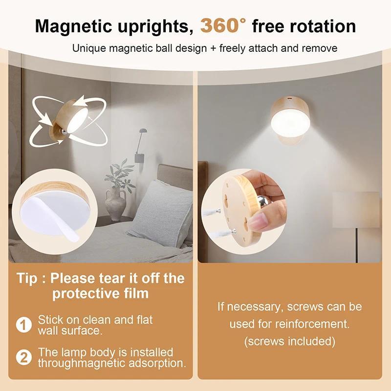 LED Wall Lamp Magnetic Rotatable Multi-functional USB Rechargeable Dimmable Night Lights for Home Bedroom