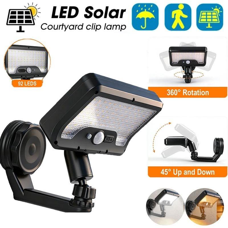 Solar Clip Light for Tent/Garden, Dual Use, 92 LEDs, 360° Adjustable, Foldable, Waterproof Wall Light