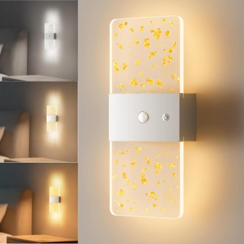 LED wall sconce with motion sensor, USB rechargeable, acrylic design, 1200 mAh battery, night light