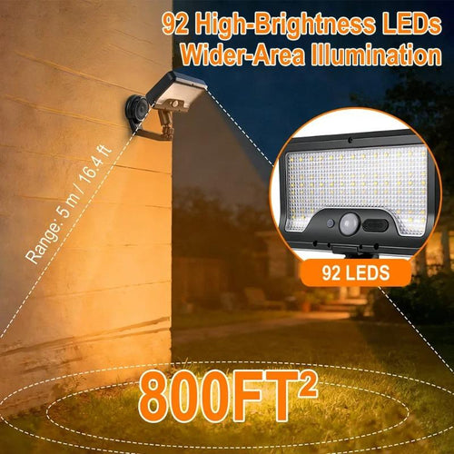 Dual-use solar motion sensor light, clip design, 92 LEDs, 360° foldable, camping light, wall-mounted, waterproof
