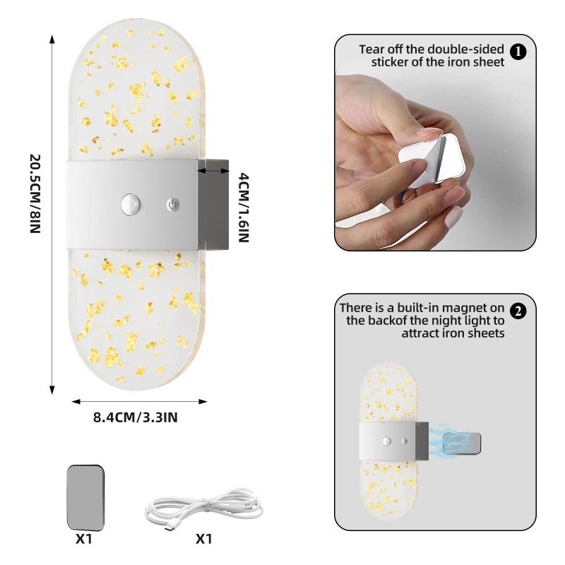 LED wall sconce with motion sensor, USB rechargeable, acrylic design, 1200 mAh battery, night light