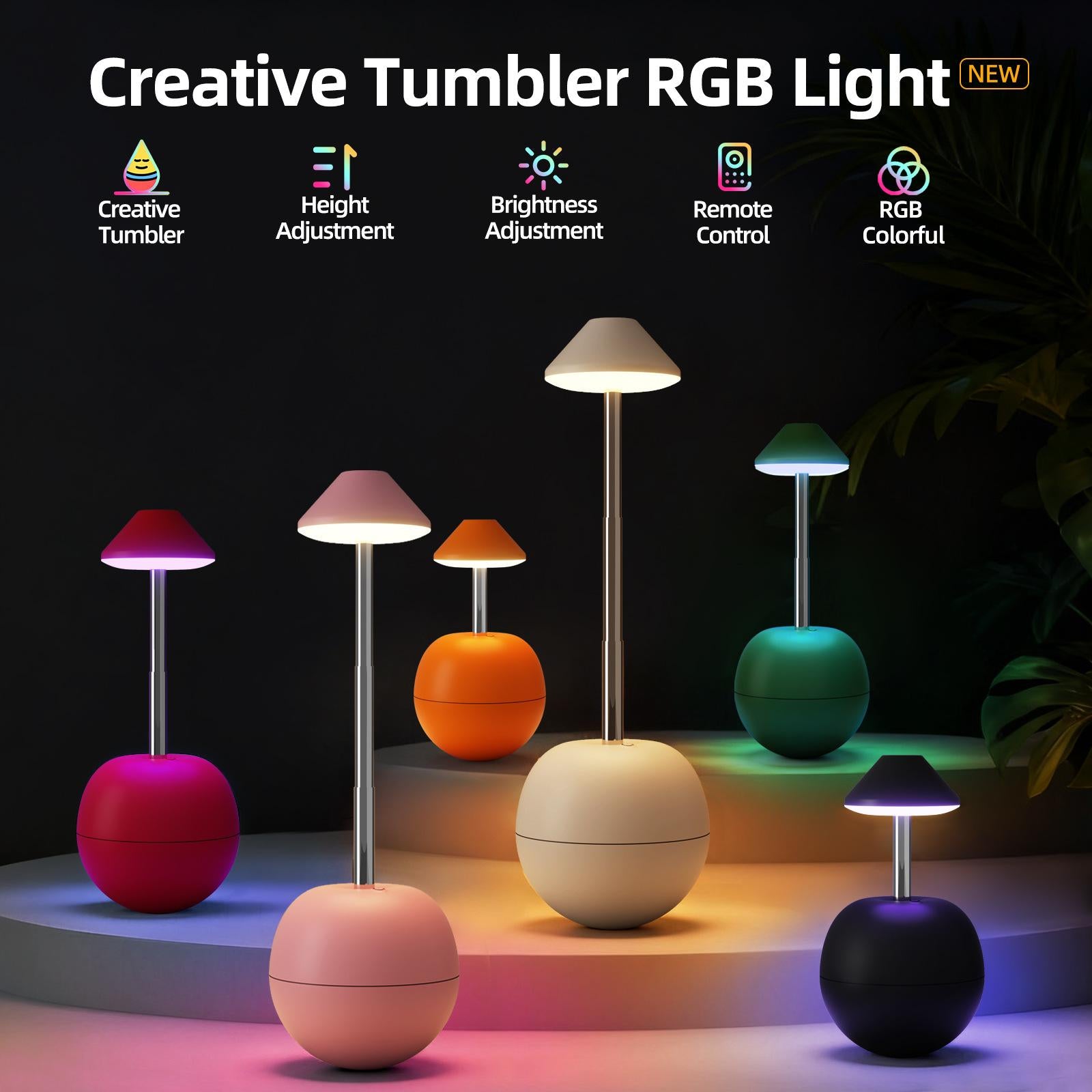 Creative rechargeable desk lamp in tumbler design with remote control, 7 colors, dimmable adjustable brightness for bedroom home