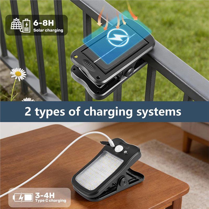 Clip-on solar motion lights — outdoor flood security light for fences, railings, and camping