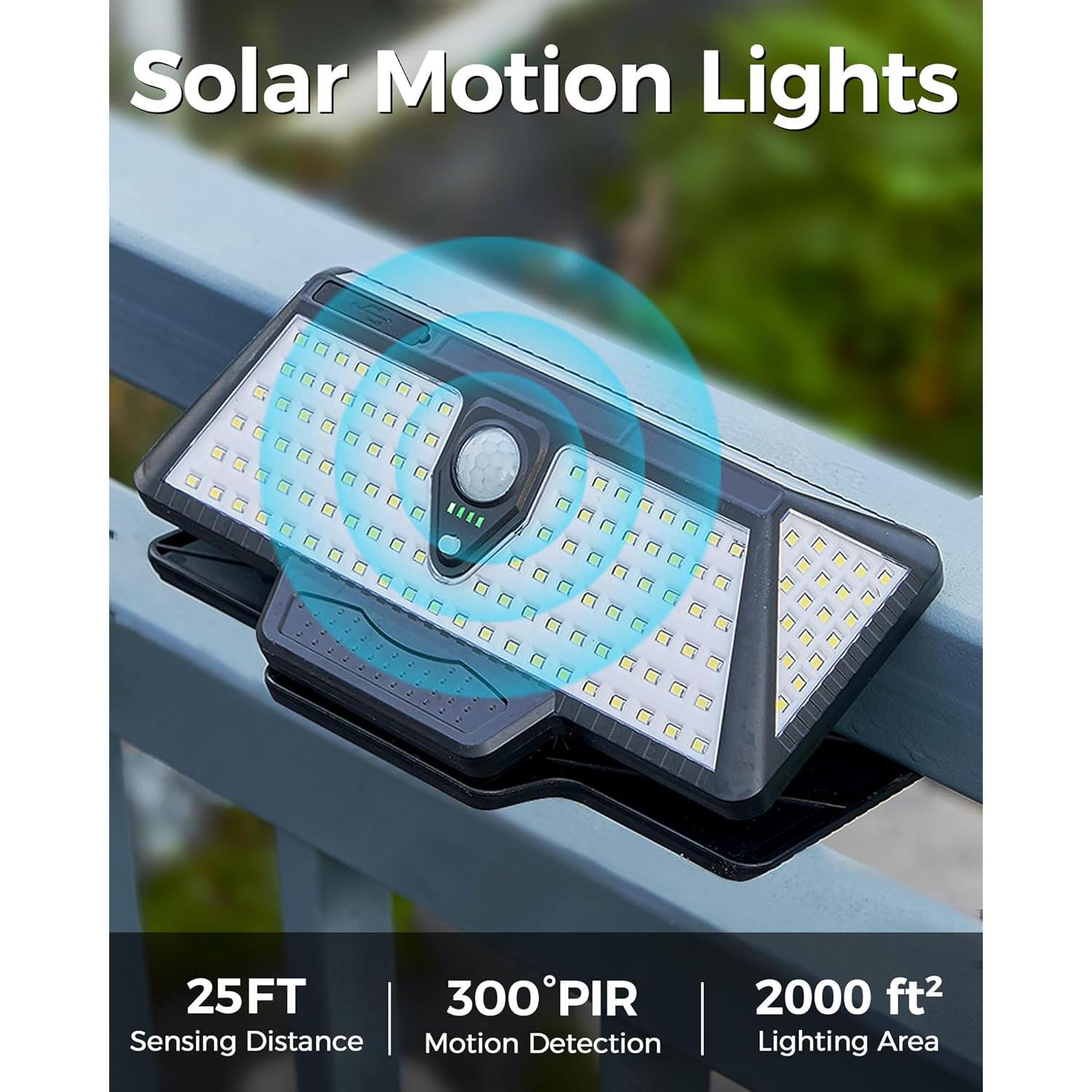 Outdoor Solar Clip Lamp, 208 LEDs, 1000 lm, with motion sensor — bright waterproof solar security light for garden fence yard lighting