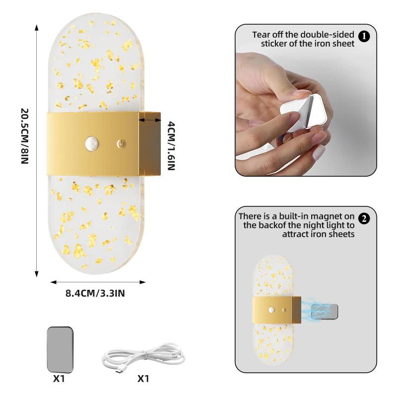 LED wall sconce with motion sensor, USB rechargeable, acrylic design, 1200 mAh battery, night light