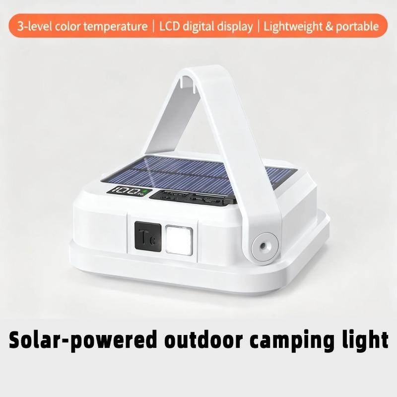 Solar outdoor camping light, handheld LED light with USB charging and LCD battery display—ideal for nighttime lighting, hiking, and camping