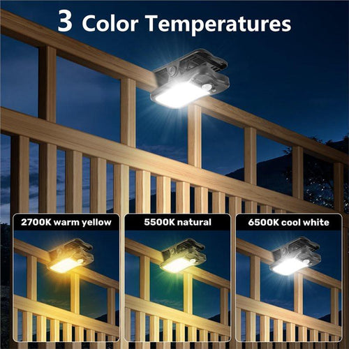Clip-on solar motion lights — outdoor flood security light for fences, railings, and camping