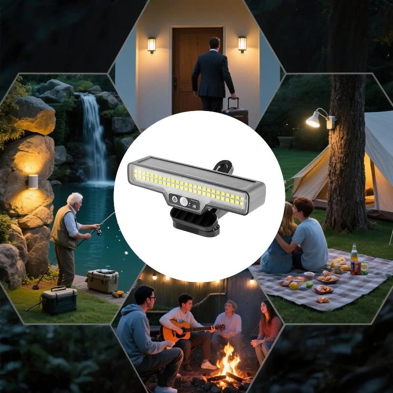 Solar light with motion sensor, 3 lighting modes, with stand; solar-powered tent lights for patio, porch, camping, picnic, garage, driveway