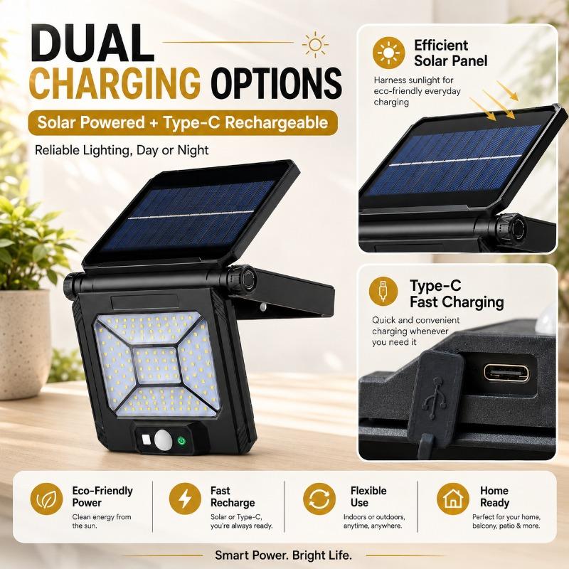 LED street light with human motion sensor, solar type, dual charging (USB‑C), foldable up to 180 degrees for hanging, suitable for outdoor use, gardens, stalls, and camping, spotlight.