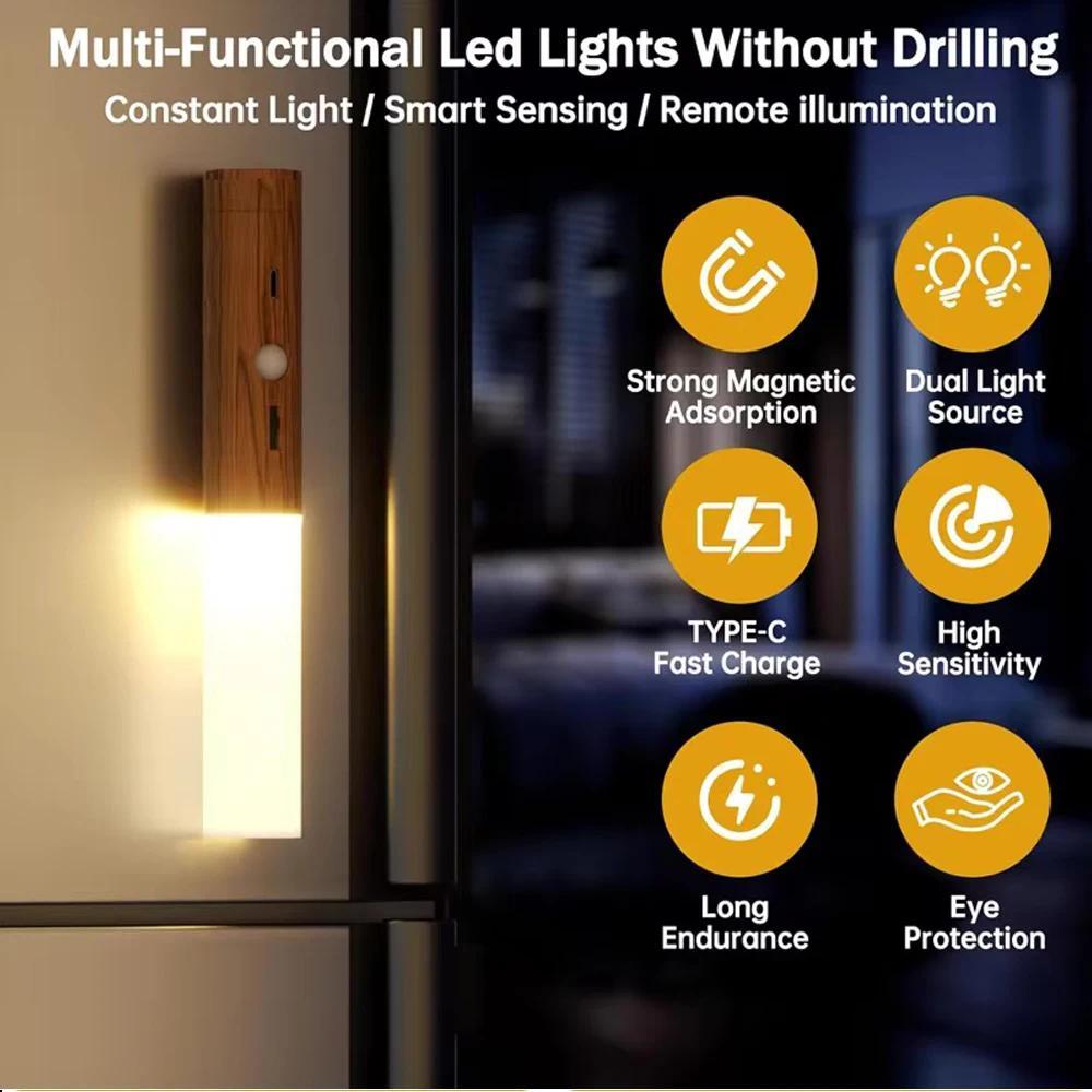 Rechargeable LED Imitation Wood Grain Night Light Handheld Magnetic Design Suitable for Wardrobe Bedroom Corridor