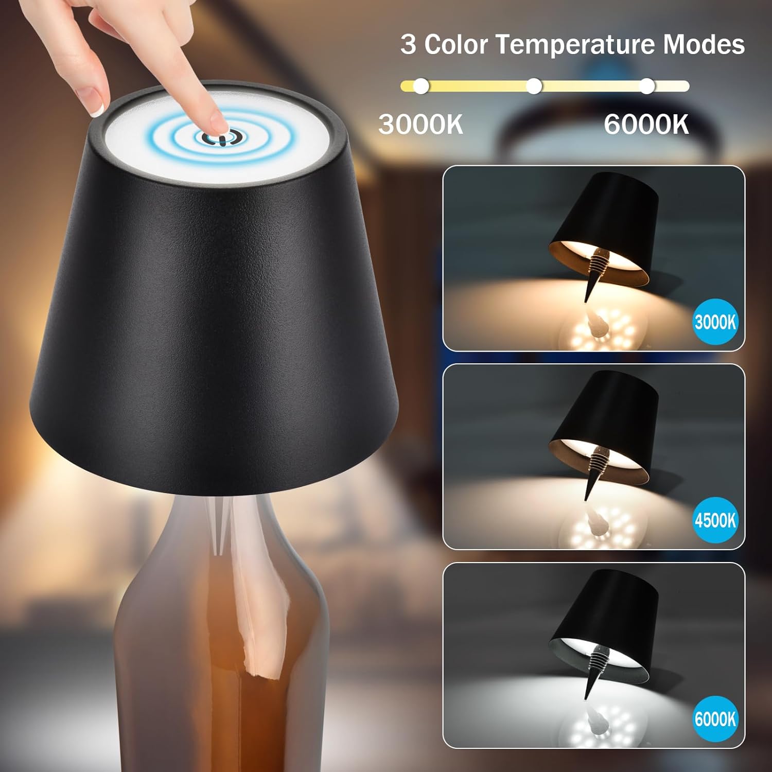 Wireless bottle lamp with three colors, touch control, and stepless dimming; fits wine bottles perfectly; replaces traditional wine corks