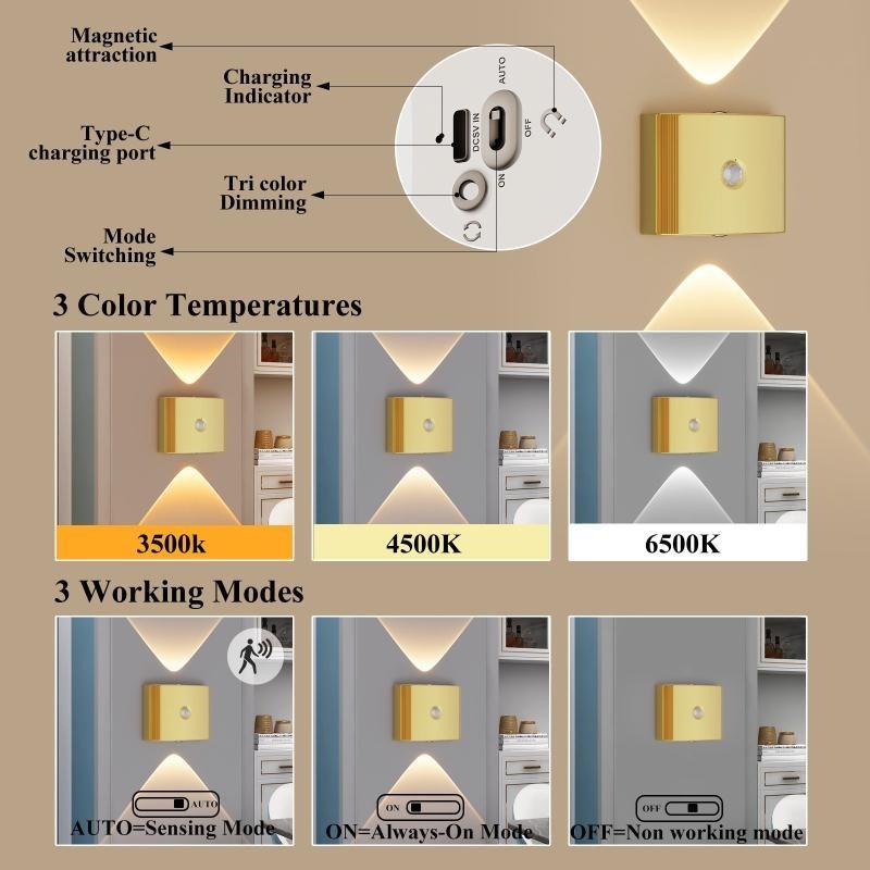 LED wall light with sensor, rechargeable magnetic spotlight attachment, decorative lighting for corridors and stairs