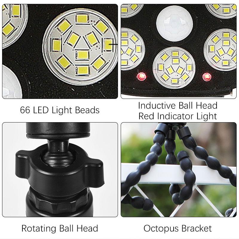 Octopus Bracket Solar Motion Sensor Light, auto on/off, 3 modes, 66 LEDs outdoor security light, 360° rotating garden light