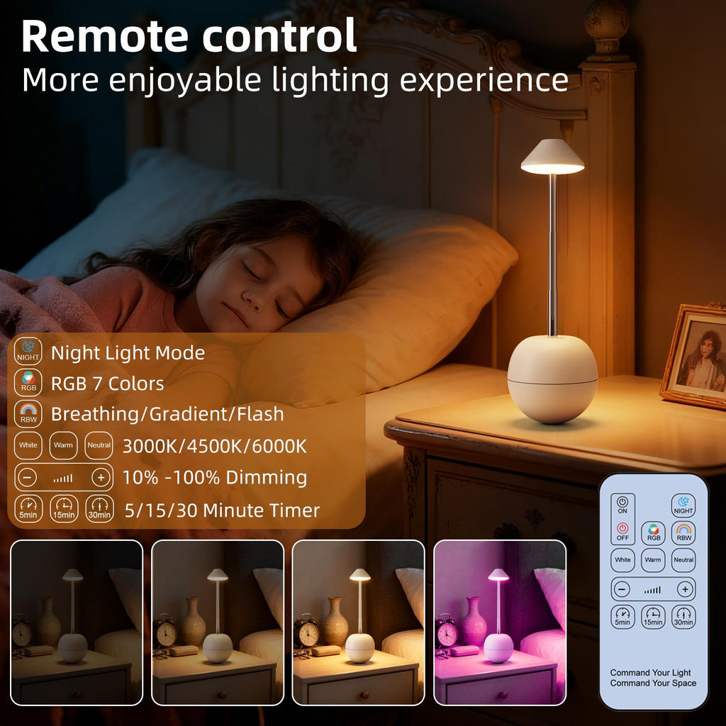Creative rechargeable desk lamp in tumbler design with remote control, 7 colors, dimmable adjustable brightness for bedroom home