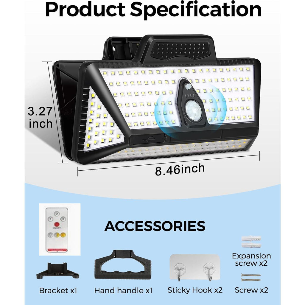 Outdoor Solar Clip Lamp, 208 LEDs, 1000 lm, with motion sensor — bright waterproof solar security light for garden fence yard lighting