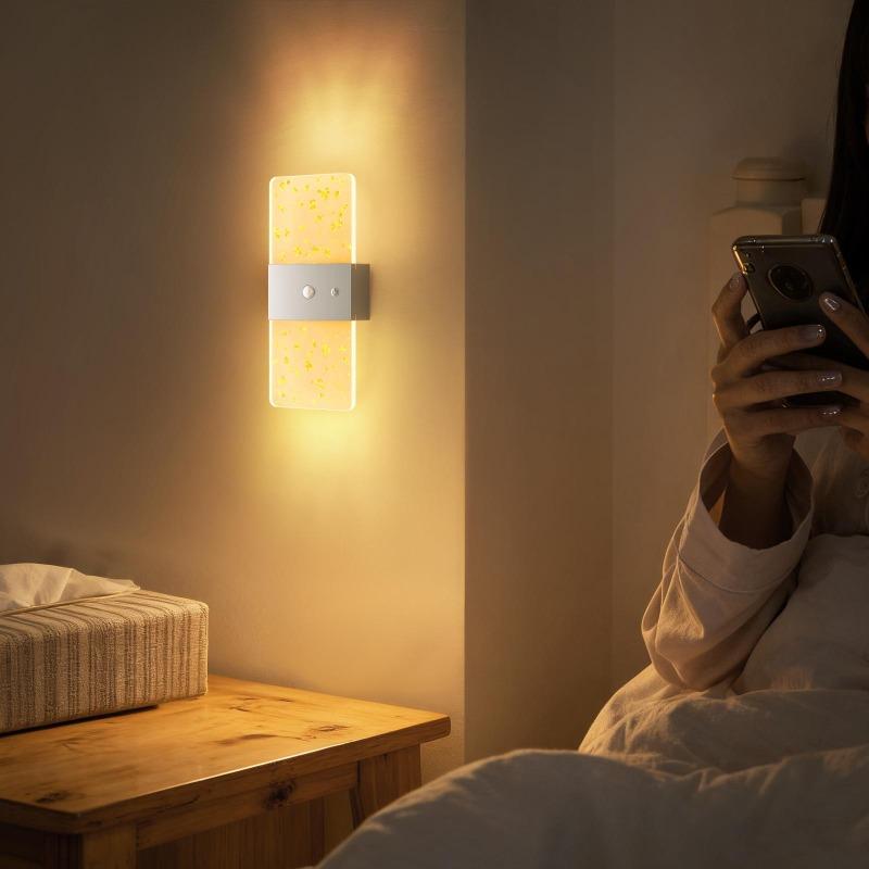 LED wall sconce with motion sensor, USB rechargeable, acrylic design, 1200 mAh battery, night light
