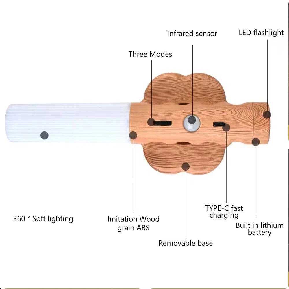 Rechargeable LED Imitation Wood Grain Night Light Handheld Magnetic Design Suitable for Wardrobe Bedroom Corridor