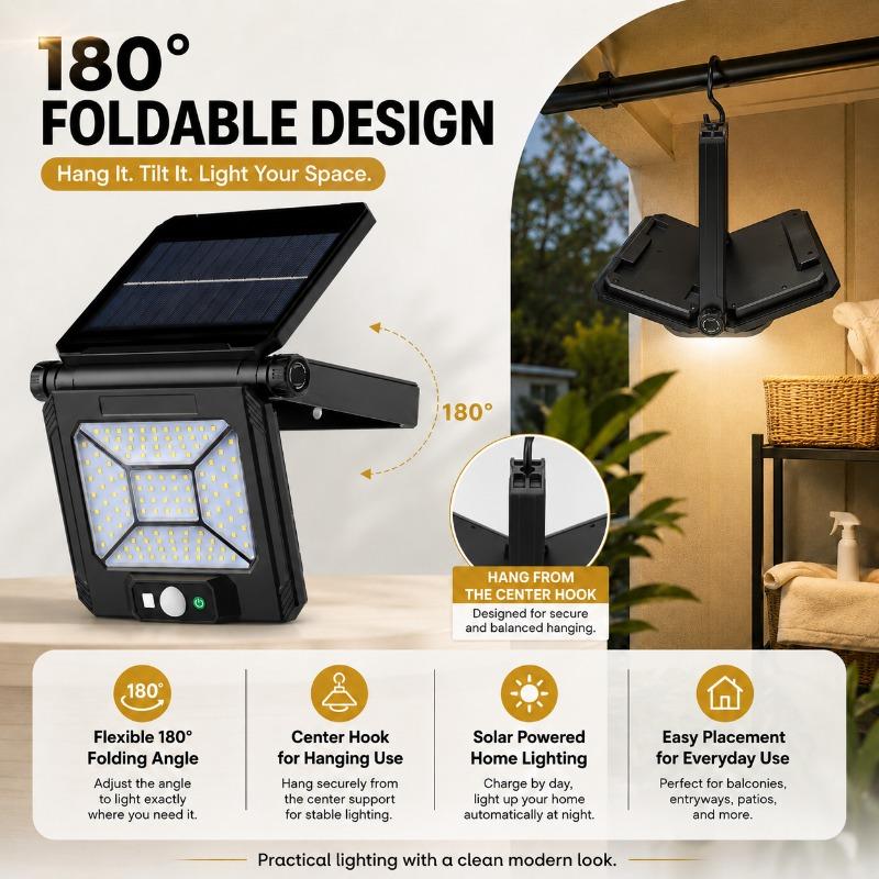 LED street light with human motion sensor, solar type, dual charging (USB‑C), foldable up to 180 degrees for hanging, suitable for outdoor use, gardens, stalls, and camping, spotlight.