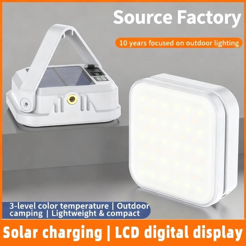 Solar outdoor camping light, handheld LED light with USB charging and LCD battery display—ideal for nighttime lighting, hiking, and camping