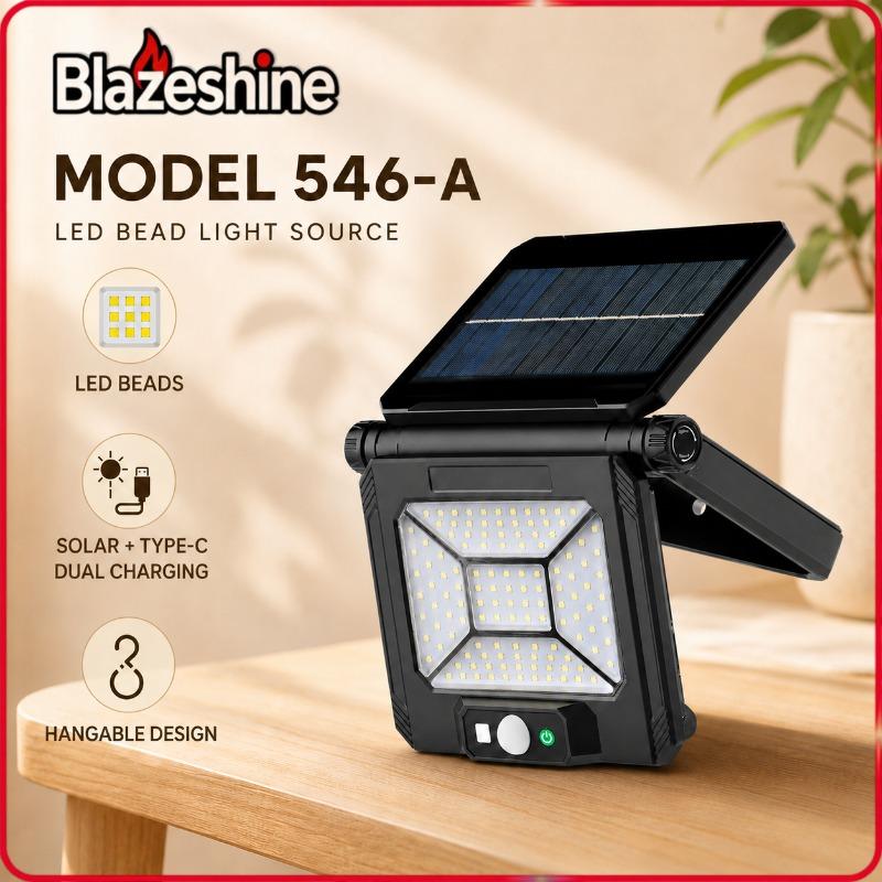 LED street light with human motion sensor, solar type, dual charging (USB‑C), foldable up to 180 degrees for hanging, suitable for outdoor use, gardens, stalls, and camping, spotlight.