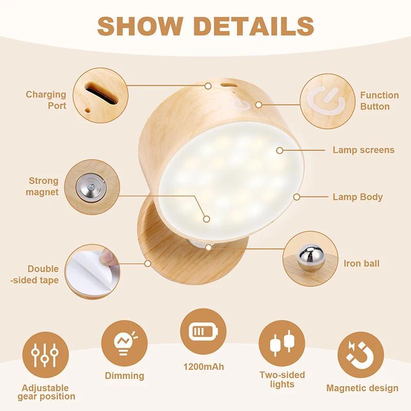 LED Wall Lamp Magnetic Rotatable Multi-functional USB Rechargeable Dimmable Night Lights for Home Bedroom
