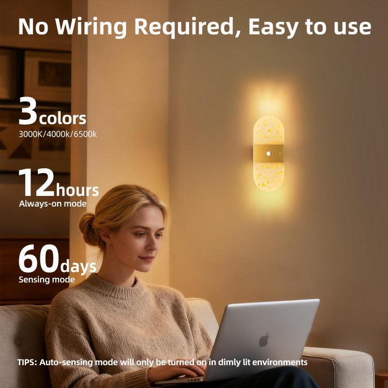 LED wall sconce with motion sensor, USB rechargeable, acrylic design, 1200 mAh battery, night light