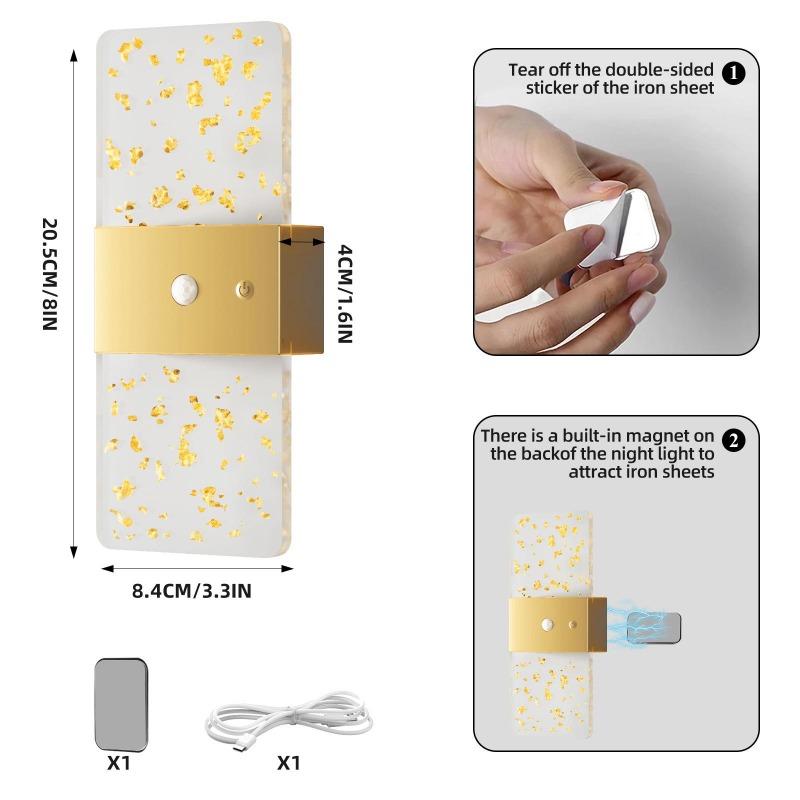 LED wall sconce with motion sensor, USB rechargeable, acrylic design, 1200 mAh battery, night light