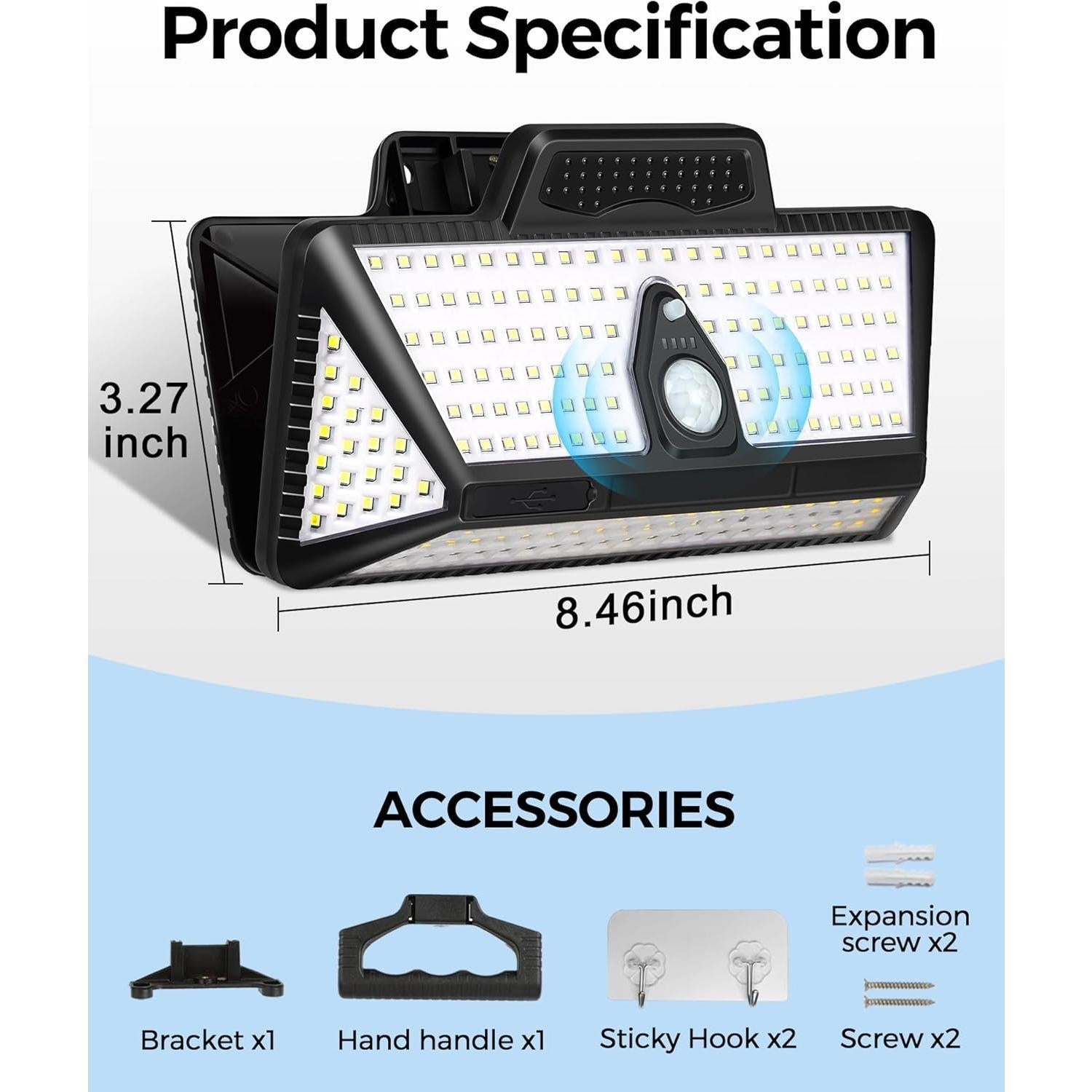 Outdoor Solar Clip Lamp, 208 LEDs, 1000 lm, with motion sensor — bright waterproof solar security light for garden fence yard lighting