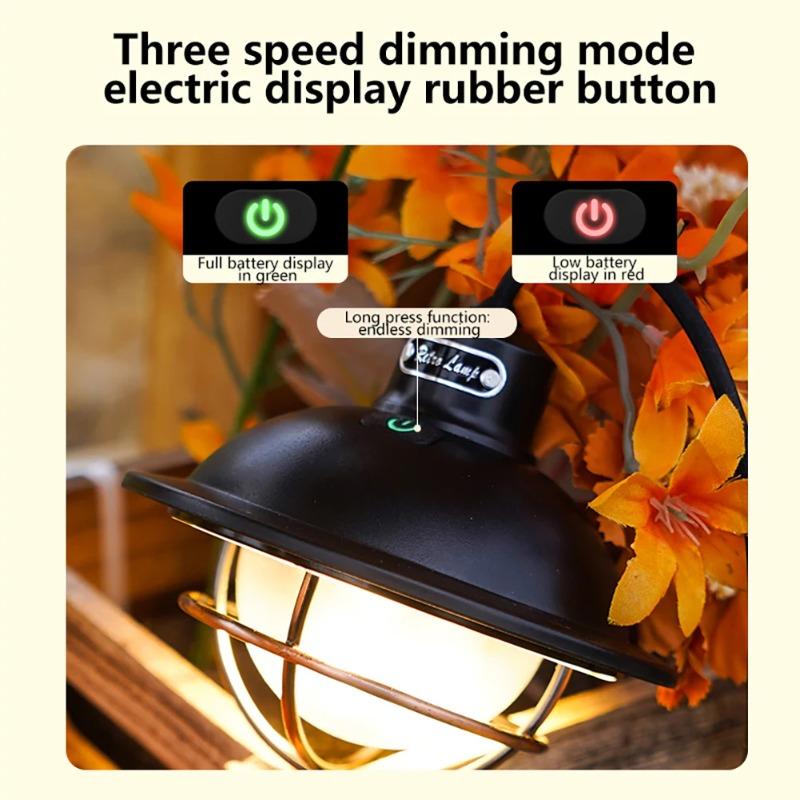 LED atmosphere lantern with stepless dimming, vintage outdoor camping light, Type‑C USB rechargeable, suitable for outdoor travel and garden use