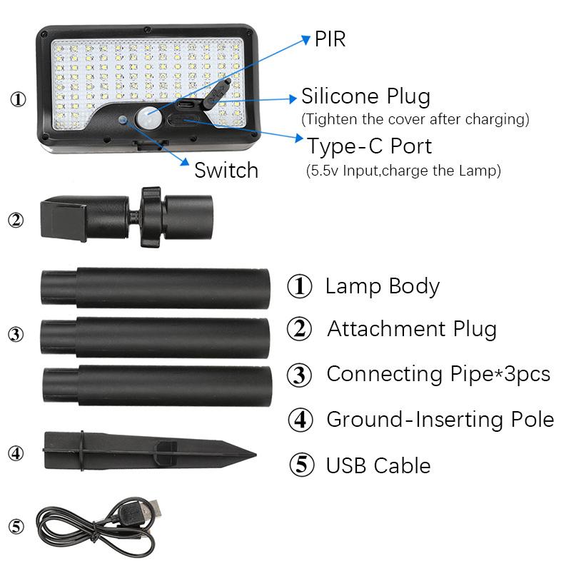 Solar motion sensor garden light, 5–6 m detection range, 360° rotatable lamp, 4 lighting modes, weatherproof lighting, for outdoor use