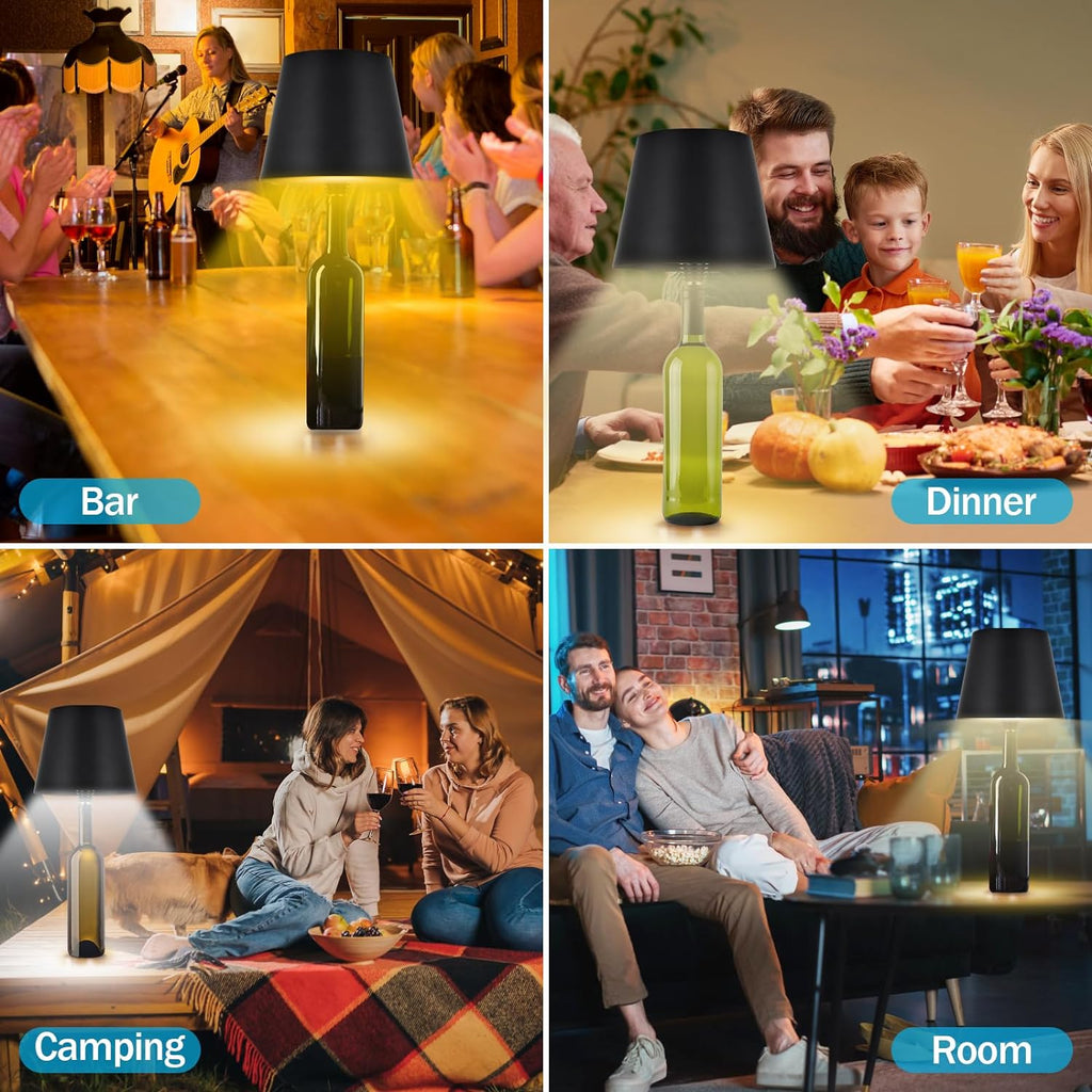 Wireless bottle lamp with three colors, touch control, and stepless dimming; fits wine bottles perfectly; replaces traditional wine corks