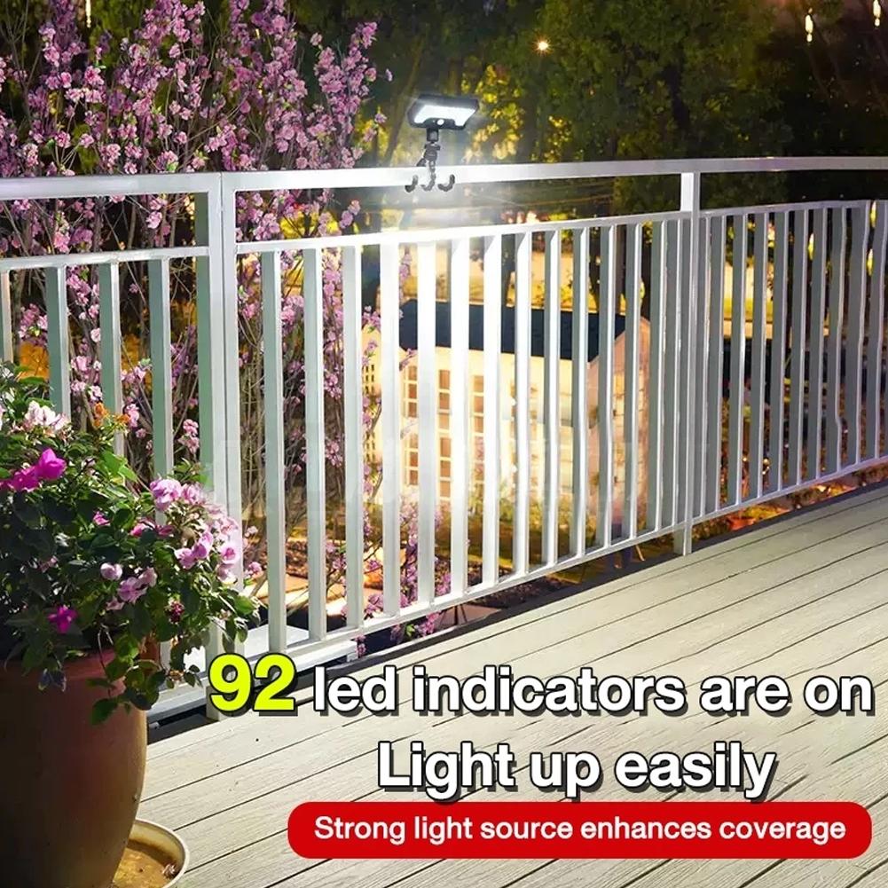 92 LED solar motion sensor light, waterproof solar floodlight for outdoor use, flexible octopus tripod, security clip-on fence lamp
