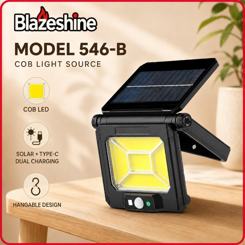 LED street light with human motion sensor, solar type, dual charging (USB‑C), foldable up to 180 degrees for hanging, suitable for outdoor use, gardens, stalls, and camping, spotlight.