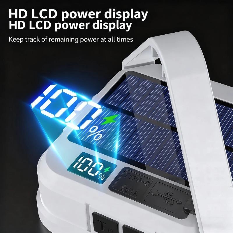 Solar outdoor camping light, handheld LED light with USB charging and LCD battery display—ideal for nighttime lighting, hiking, and camping