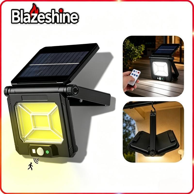 LED street light with human motion sensor, solar type, dual charging (USB‑C), foldable up to 180 degrees for hanging, suitable for outdoor use, gardens, stalls, and camping, spotlight.