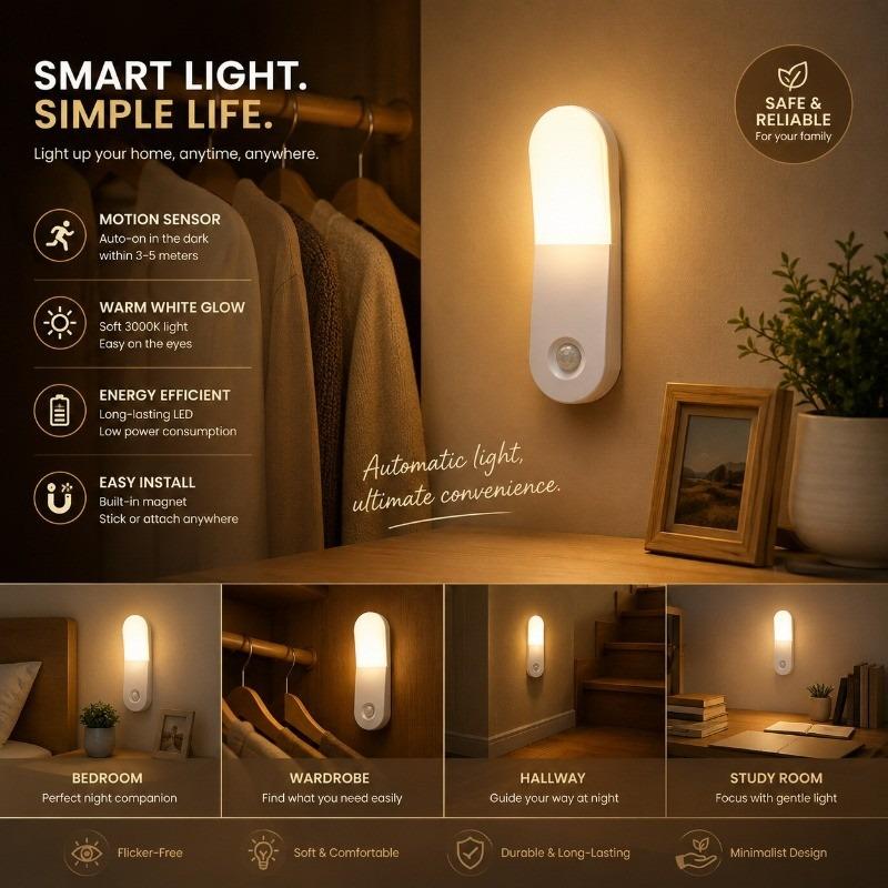 Type-C Charging Magnetic Sensing Human Body Induction Lamp No-drill Installation Three-speed Sliding Switch Home Light Warm Yellow Light Source Suitable Bedroom Corridor  Lights
