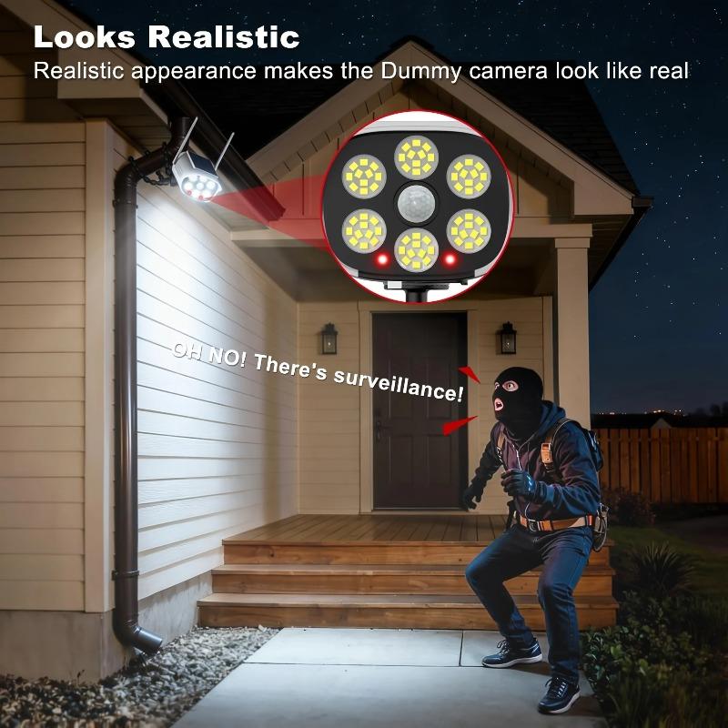 Outdoor solar motion sensor lights, 66 LEDs, garden wall/fence sensing lamp, dummy decoy fake security camera for porch, garden, patio