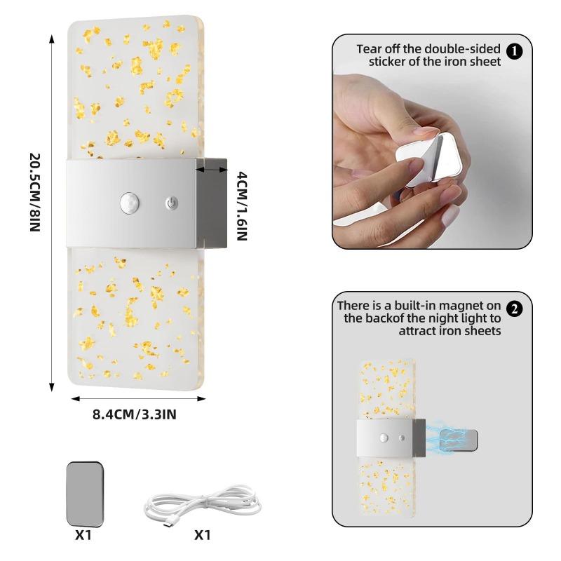 LED wall sconce with motion sensor, USB rechargeable, acrylic design, 1200 mAh battery, night light