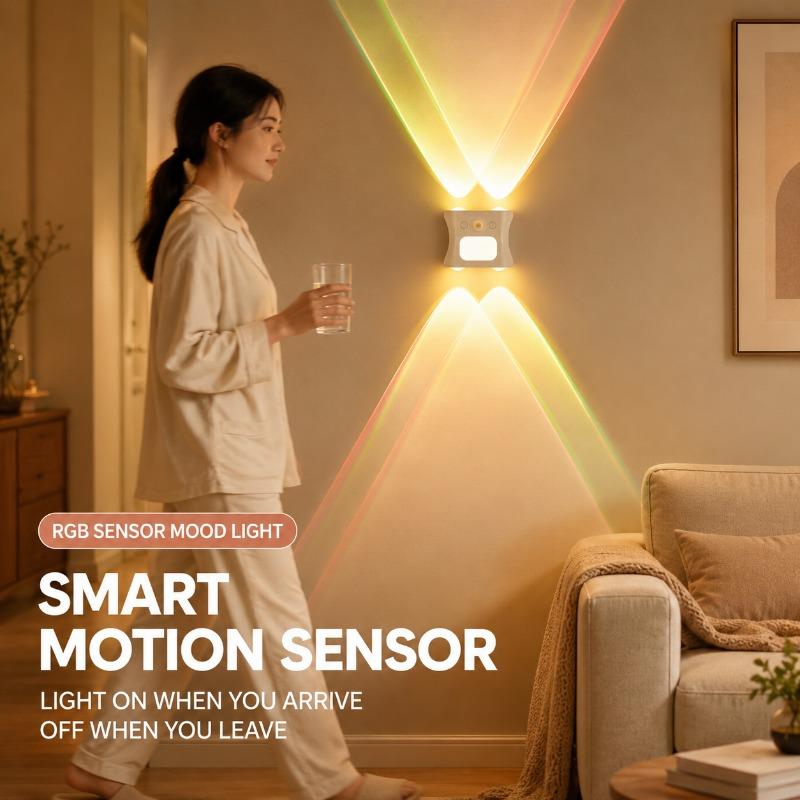 RGB Full Colour Human Sensor Ambient Wall Light No Drill Magnetic Installation Three Colour Temperature Remote Controlled Rechargeable Model Bedroom Hallway Corridor Decoration